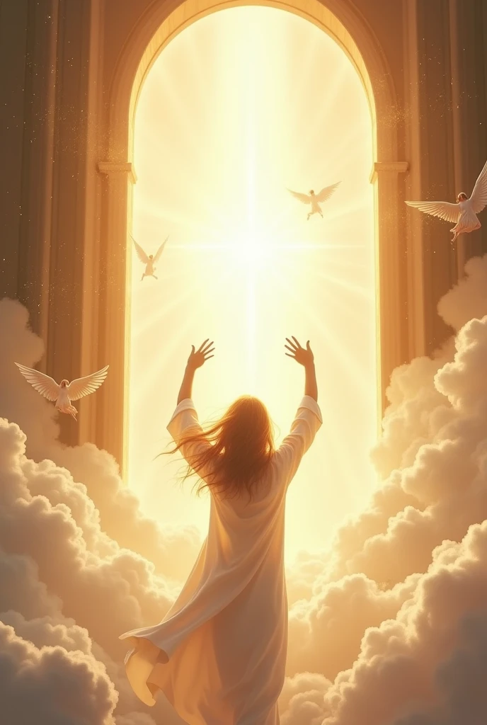 Person arriving in heaven happy,