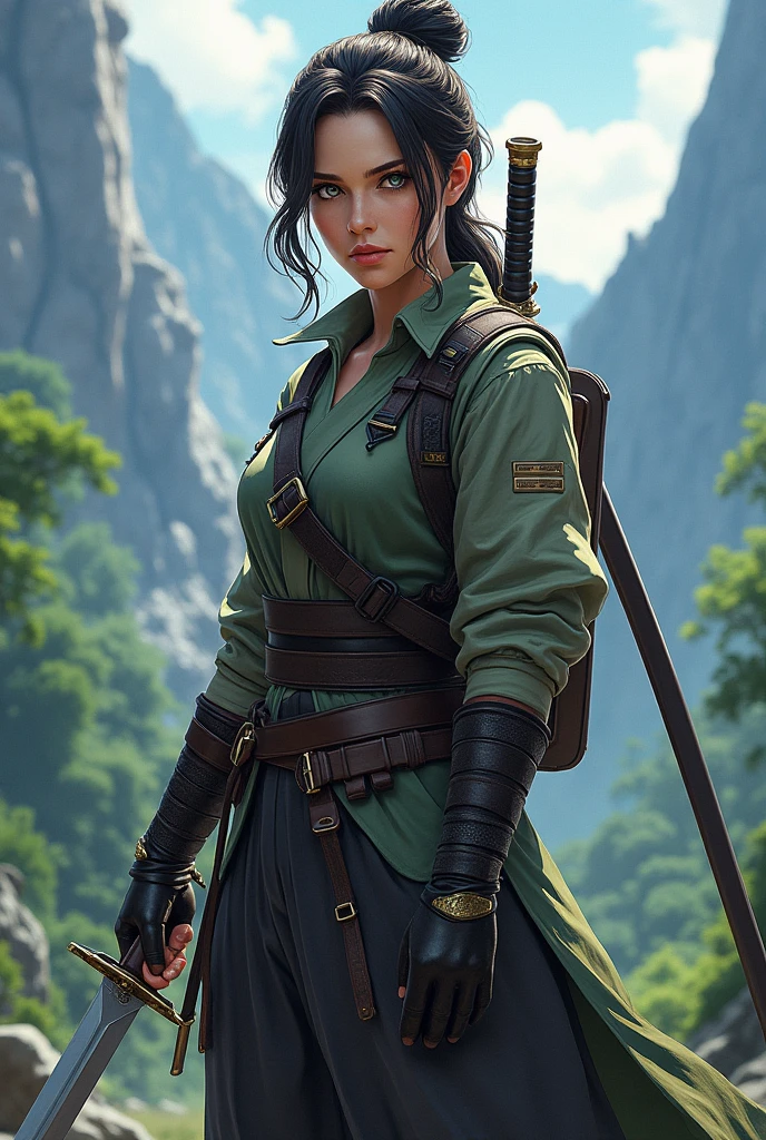 Katniss Everdeen, being a Hashira in the Demon Slayer world, with a katana