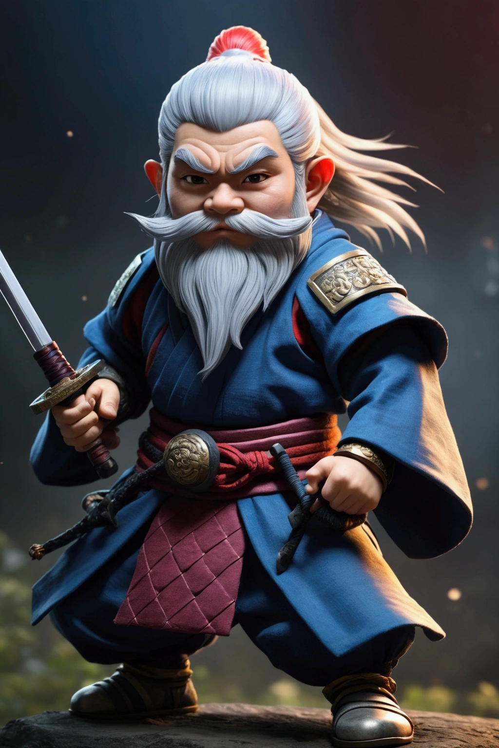 Create a young Gnome Samurai , with medieval samurai clothes, Colorful and long hair, and average height, with a great aura of power emanating from his sword