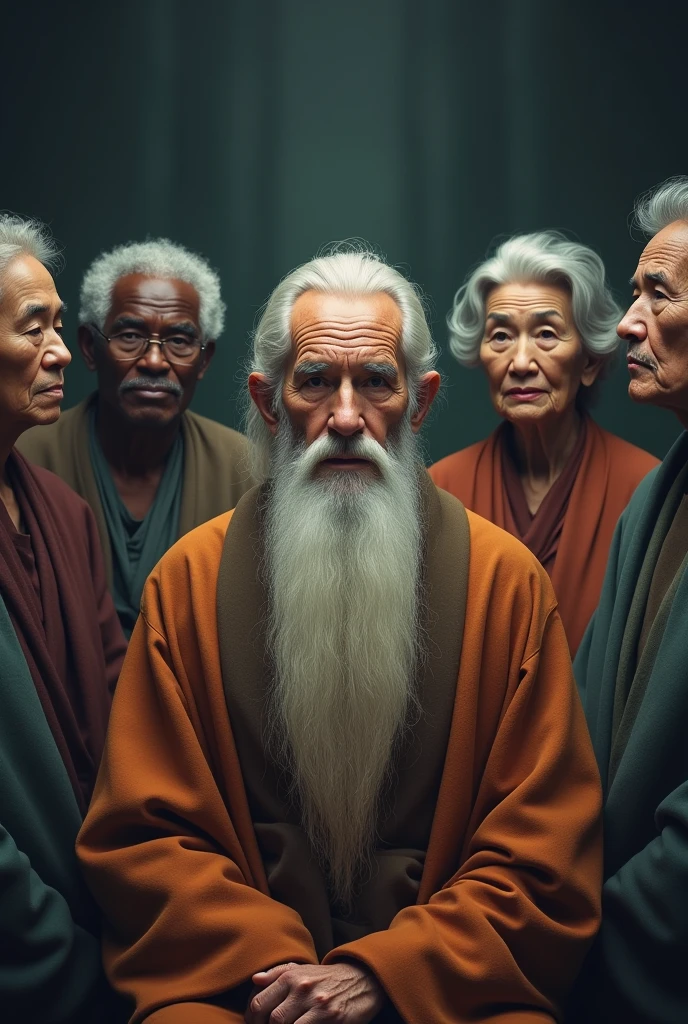 Seven wise elders, representing different ethnicities, are arranged in a harmonious semicircle. Three of these wise men are elderly women, while among men, one is black and the other is Asian. Their serene expressions reflect the cultural diversity and the profound wisdom acquired throughout their lives.. At the center, a man with a mysterious and charming appearance stands out, his long, well-groomed white beard and his face marked by wrinkles that tell stories of vast knowledge. Her clear eyes emanate an almost mystical serenity, as if they were hiding the secrets of the universe. All are dressed in simple robes, mas elegantes, that accentuate its aura of mystery and wisdom. The background is enigmatic, evoking an atmosphere of mystery and depth, suggesting a place where ancestral knowledge is carefully preserved and transmitted. The image should have a horizontal orientation, with dimensions of 1920 x 1080.
