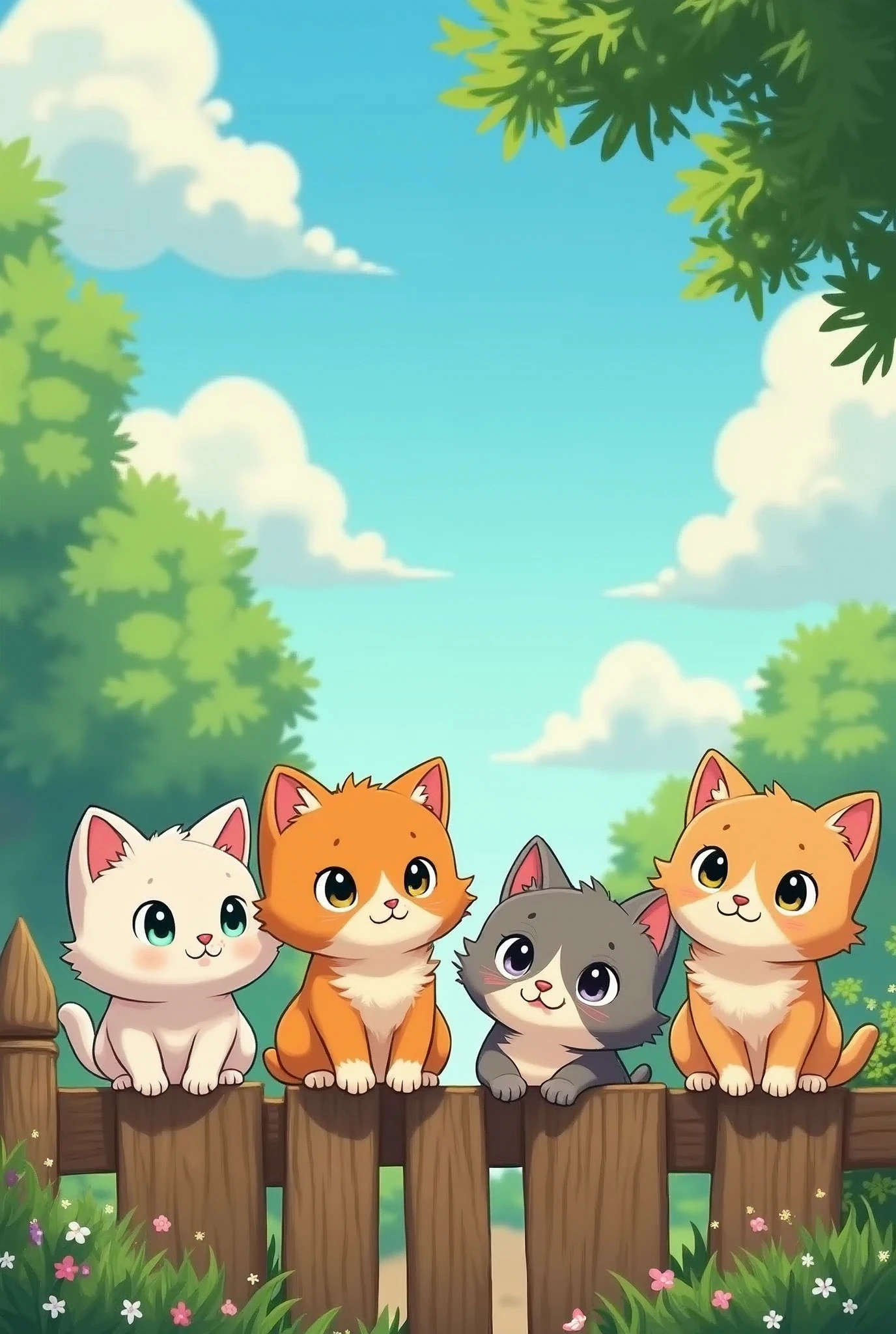 Photo of cute little kittens in cartoon anime style on a fence
