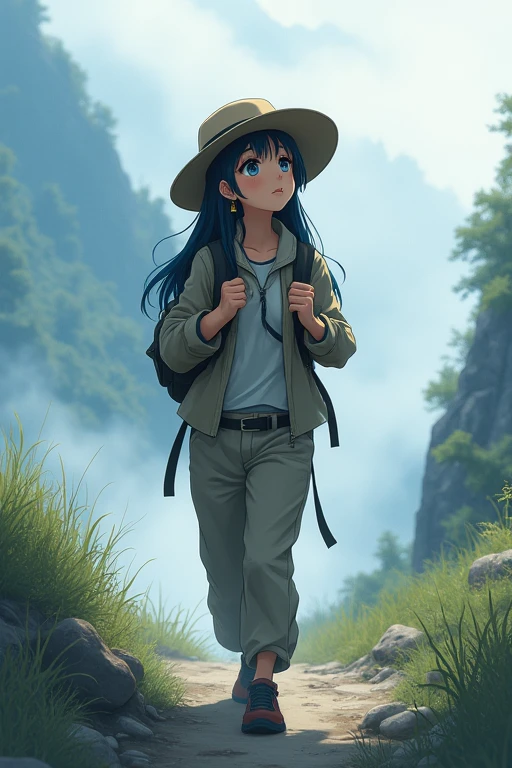 score 9,score 8 up,score 7 up,From front,masterpiece,HDR,illustration,Anime,bokeh,1 girl,black hair,big breasts,earring,jacket,long pants,safari hat,backpack,She looks up,She grabs the shoulder straps of her backpack,White thick fog,The whole area is covered with white fog,morning mist,mountain trail