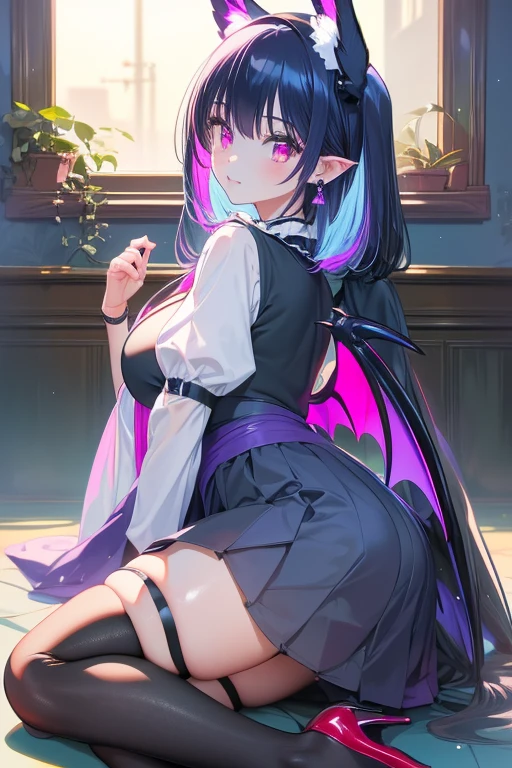 1girl, young, short, cute, vampire, white skin, pointy ears, ((dark purple earrings)), long black hair,bangs slightly covering eyes, ((blue highlights)), (black head wings), crimson pink eyes, thick eyeliner, dark blue lips, purple maid uniform, purple maid outfit, ((red trimming)), white stockings, dark purple high heels, full body mansion, ((Old)), stairs in background, gothic, midnight