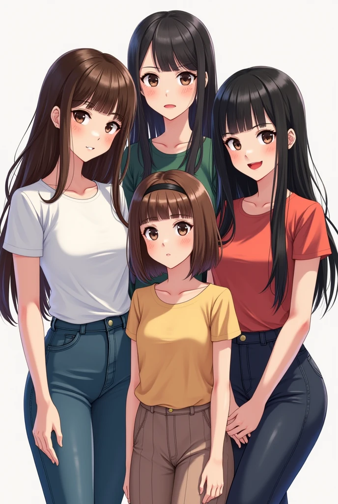 A group of 4 girls The first one is a brunette with long hair, Brown eyes, white and wearing clothes a t-shirt and jeans The second black-haired girl with long hair, with red lips, with makeup and clothes that have a top and skirt.
The third one that is smaller, semi-short brown hair with long eyelashes and big eyes. (I WEAR A SKIRT TOO)
THE LAST ONE IS ALSO SMALL , LONG BLACK HAIR super straight and wearing pants