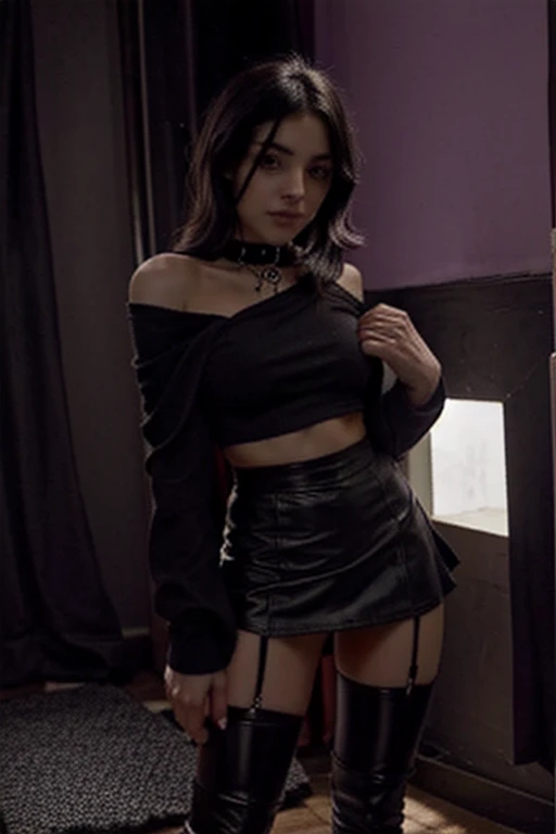 Full body photo of a Young Caucasian  goth girl, small perky teen breasts, pale skin, no tattoos, piercings, long black hair with streaks of dye, fishnets, no panties with skirt, transparent top with no bra, chains on skirt, tight pussy, seductive look and sexual touching, sexual actions and poses.