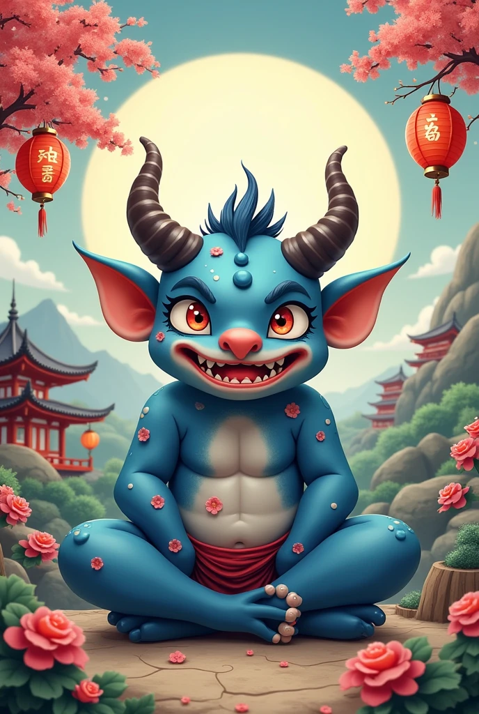 A happy blue Japanese oni demon sitting down 