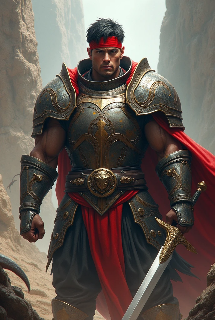 Man with short, black hair , wearing a breastplate ,with a red headband , holding a two-handed sword .