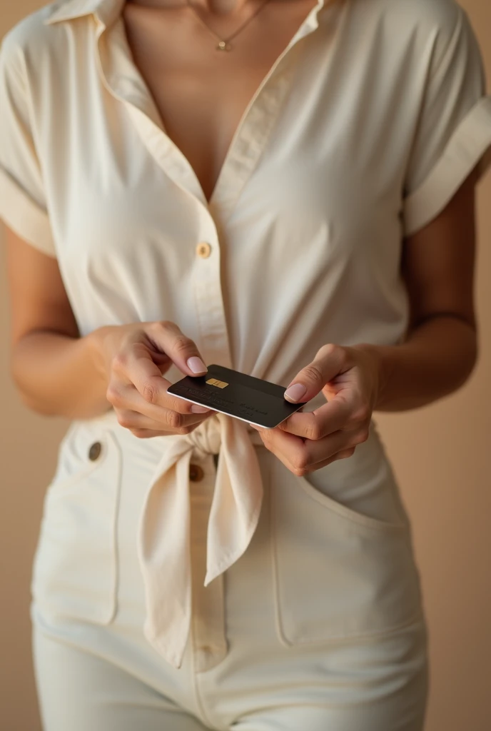 A lady's arm with a credit card in her hand as a payment method, quite clear and realistic, in a vertical position so that the arm can be seen without clothes and long.