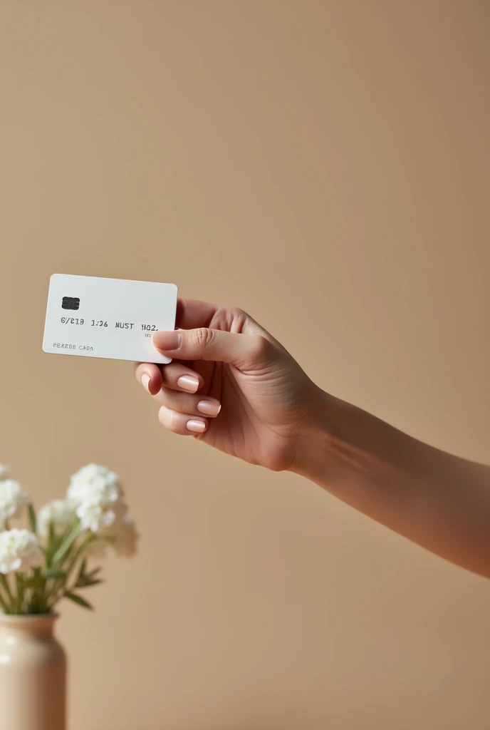 A lady's arm with a credit card in her hand as a payment method, quite clear and realistic, in a vertical position so that the arm can be seen without clothes and long.