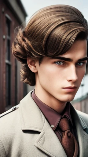 A young man in Auschwitz with stylish hair, focus on the face.
