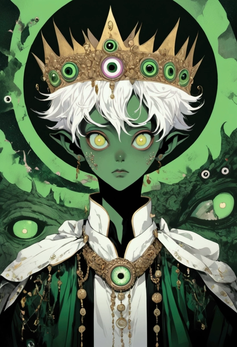 Japanese Anime,Second dimension,Horror style,horror character,(((Three-eyed boy,solo,The third eye on the forehead,Dark eyeshadow,White short hair,Elf ears,Green Skin,Exaggerated golden crown-eyeball decoration))),(((Japanese clothing))).(((Thin waist,Green belt:1.6))).Solid pink background