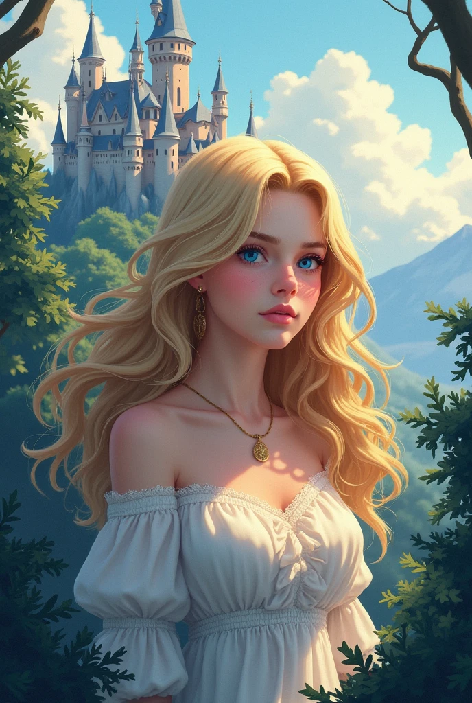 (masterpiece),(best quality), illustration, (fantasy:1.4), perfect female face, solo, cute detailed digital art, beautiful face, golden hair, castle, mountain, a young woman, , paper_cut