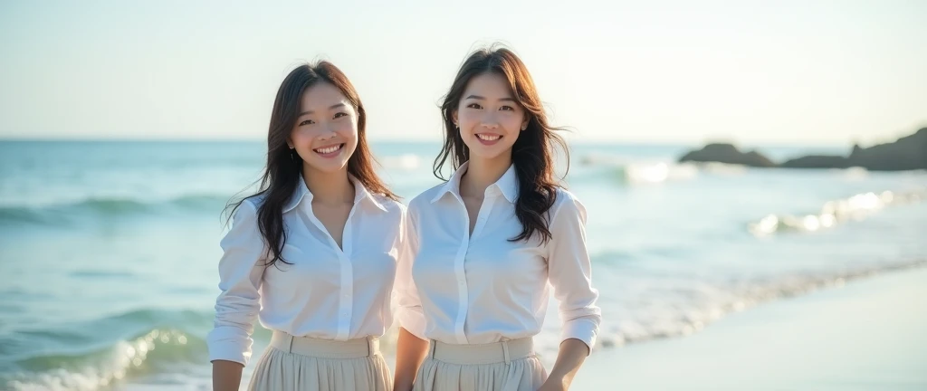 ((Highest quality)), ((masterpiece)), (detailed), Perfect Face,2 Japanese women,Teenager without makeup,Full body standing,Clean up to the toes,Huge breasts:1.3,Huge breasts:1.3,High bust top:1.3,Hard, Round Breasts:1.3,White shirt,Long skirt,((No Pat,Very good)),Bright smile,Soft sunlight on the beach,Thematic Depth,Clear focus,Natural and soft light