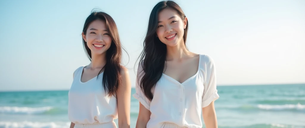 ((Highest quality)), ((masterpiece)), (detailed), Perfect Face,2 Japanese women,Teenager without makeup,Full body standing,Clean up to the toes,Huge breasts:1.3,Huge breasts:1.3,High bust top:1.3,Hard, Round Breasts:1.3,White shirt,Long skirt,((No Pat,Very good)),Bright smile,Soft sunlight on the beach,Thematic Depth,Clear focus,Natural and soft light