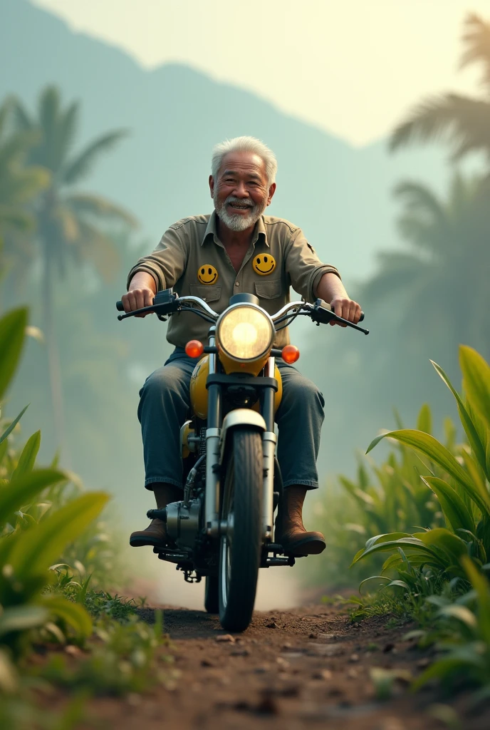 (Photorealism 1.2) old Malay male white hair and goatee riding honda c70 background rubber plantation morning view fog wearing tear shirt rubber boot smiley faces sunlight effect mountain background