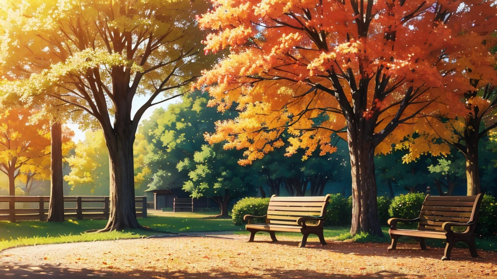 A peaceful autumn park at sunset with golden leaves scattered on the ground, an old oak tree with wide branches at the center, and a weathered wooden bench beneath it. The path winds gently around the tree, bathed in the warm glow of the fading sun, creating a serene and nostalgic atmosphere. The image captures a moment of quiet reflection, where love once bloomed and gently faded away.
