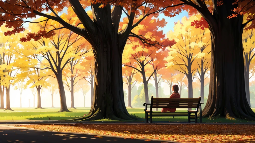 A peaceful autumn park at sunset with golden leaves scattered on the ground, an old oak tree with wide branches at the center, and a weathered wooden bench beneath it. The path winds gently around the tree, bathed in the warm glow of the fading sun, creating a serene and nostalgic atmosphere. The image captures a moment of quiet reflection, where love once bloomed and gently faded away.