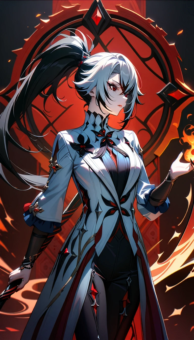 1girl, red blood scythe on hand, blood fire background, Arlecchino, arlecchino (genshin impact), red eyes, layered hair, grey and black hair, ponytail, add_detail:1, add_detail:0, add_detail:0.5,(masterpiece:1.5), (8k details:1.3), (unlimited details:1.2), (best eyes:1.4), (ultra clothes details:1.3), (highly detailed background), (vibrant colors), (dynamic lighting), (realistic skin texture), (intricate patterns), (sharp focus), (full-body view), (natural poses), (expressive emotions), (cinematic composition)