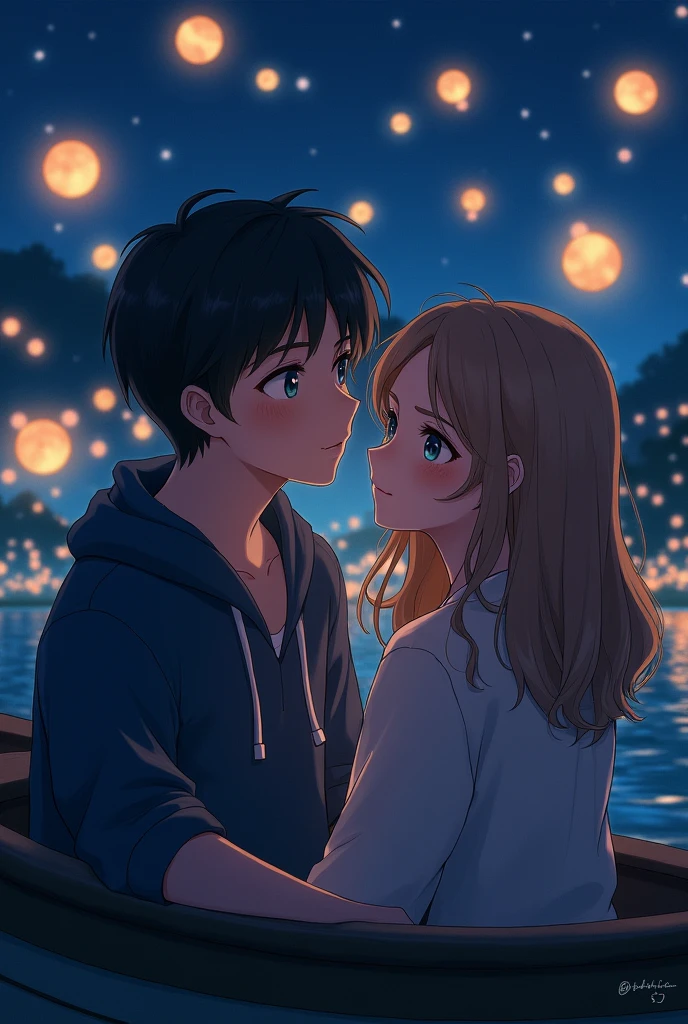 night background with floating lights. The 18-year-old boy is black-haired, blue eyes and a few freckles that are not very visible and the 18-year-old girl is light brown, amber eyes, and has a slight pink tint to her cheeks they are on a boat on a lake. And the boy watches the girl while she is distracted watching the lights floating