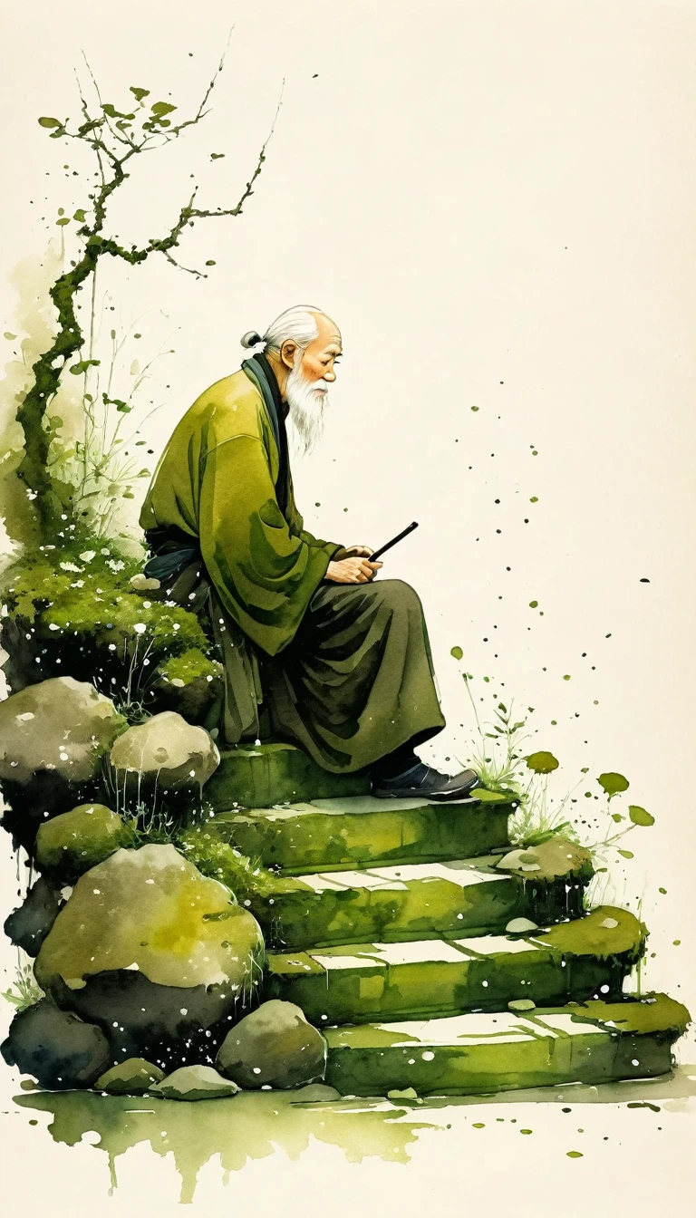 Chinese ink wash painting sketch：Light Ink，Lowercase，sketch，artistic conception，Old man on mossy steps，Minimalism，(((Negative Space,Bottom left composition)))