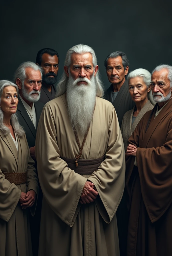 Seven wise elders, representing different ethnicities, are arranged in a harmonious semicircle. Three of these wise men are elderly women, while among men, one is black and the other is Asian. Their serene expressions reflect the cultural diversity and the profound wisdom acquired throughout their lives.. At the center, a man with a mysterious and charming appearance stands out, his long, well-groomed white beard and his face marked by wrinkles that tell stories of vast knowledge. Her clear eyes emanate an almost mystical serenity, as if they were hiding the secrets of the universe. All are dressed in simple robes, mas elegantes, that accentuate its aura of mystery and wisdom. The background is enigmatic, evoking an atmosphere of mystery and depth, suggesting a place where ancestral knowledge is carefully preserved and transmitted. The image should have a horizontal orientation, with dimensions of 1920 x 1080.
Remember that there should be seven characters