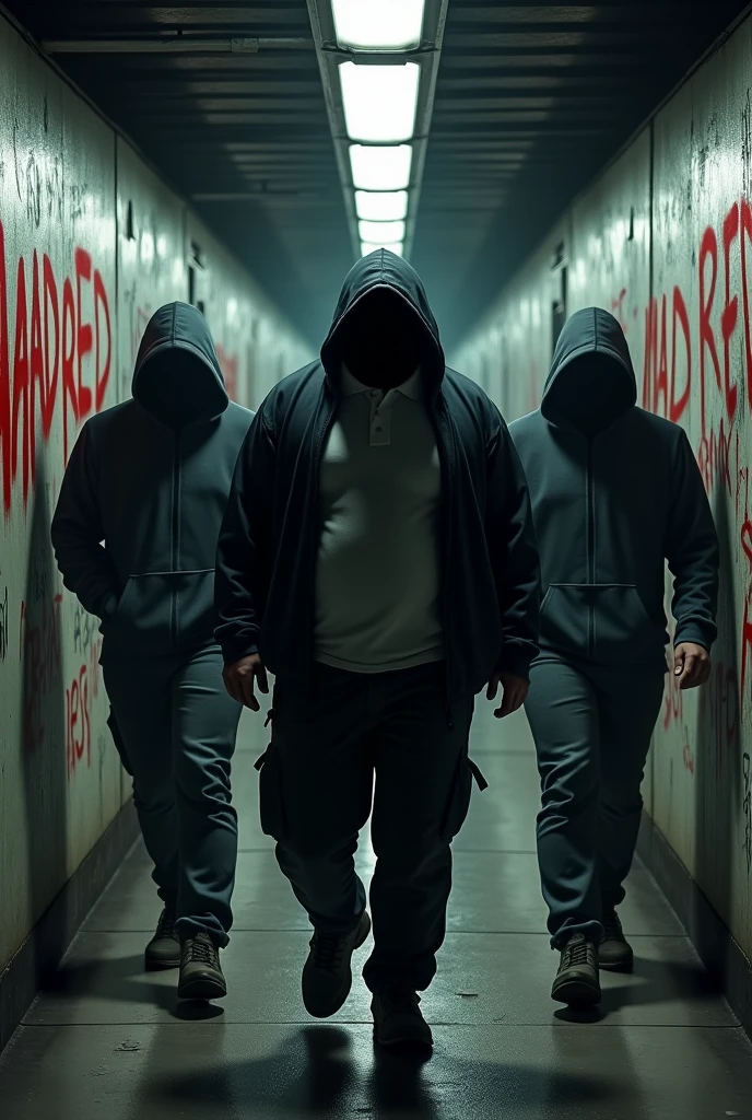 Dark subway with graffiti that says MADRED in red and 3 men walking, The 3 men's faces are not visible because they have sports hoodies that cover part of their features, one of the men is very fat, It weighs over 160 kilograms, The remaining two are thin, all men are 6 feet tall, On a wall it says MAD RED in Graffiti