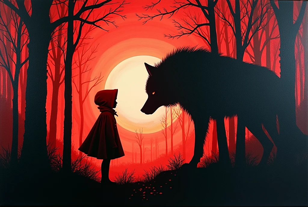 (Double exposure:1.3) effect of Little Red Riding Hood and the Wolf silhouette, superimposed against dark forest sky, oil and ink canvas, fine art, super dramatic light, photoillustration, amazing depth, hyperdetailed, iridescent red, redundant dreams, intricate detailed, amazing depth, stunning atmosphere, mesmerizing whimsical vibrant scenery, maximalism (Beautiful Outside, Ugly Inside, Stress and Pain, Beauty and Despair, Hard and Soft, Positive and Negative, Hot and Cold, Sweet and Sour, Vibrant and Dull, Perfect Harmony, Light and Dark, Hot and Cold, Old and Young, Fire and Ice, Yin and Yang, Opposites, Black and white, Hot and Cold, Organic and Mechanical, Corresponding colors, Loud and Quiet, Chaos and Peace, Night and Day:1.2) complex masterwork by head of prompt engineering