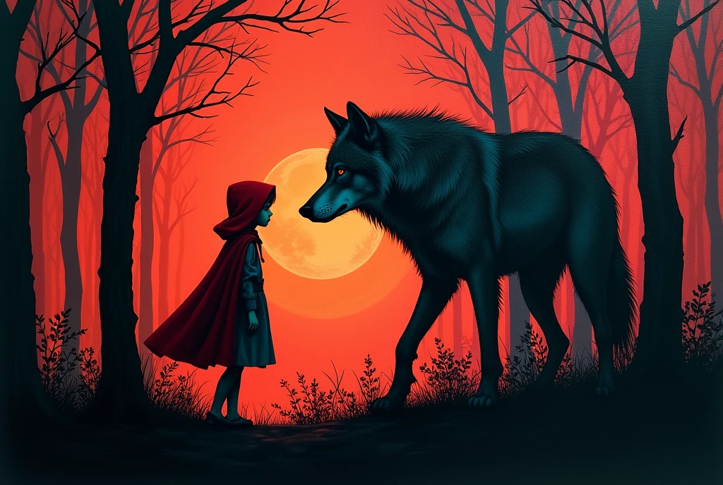 (Double exposure:1.3) effect of Little Red Riding Hood and the Wolf silhouette, superimposed against dark forest sky, oil and ink canvas, fine art, super dramatic light, photoillustration, amazing depth, hyperdetailed, iridescent red, redundant dreams, intricate detailed, amazing depth, stunning atmosphere, mesmerizing whimsical vibrant scenery, maximalism (Beautiful Outside, Ugly Inside, Stress and Pain, Beauty and Despair, Hard and Soft, Positive and Negative, Hot and Cold, Sweet and Sour, Vibrant and Dull, Perfect Harmony, Light and Dark, Hot and Cold, Old and Young, Fire and Ice, Yin and Yang, Opposites, Black and white, Hot and Cold, Organic and Mechanical, Corresponding colors, Loud and Quiet, Chaos and Peace, Night and Day:1.2) complex masterwork by head of prompt engineering
