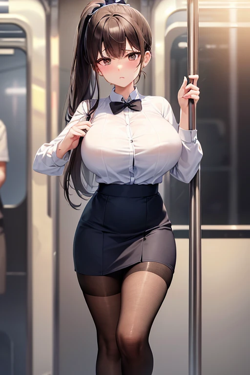 high resolution、4K、Masterpiece、1 big breasted girls、Bare your breasts、Exposing the breasts、Station platform、train、Standing on Home、Micro Mini Skirt、No panties、Pussy、Nipples、blush、Black Pantyhose、Absolute area、Masturbation、Love juice、Full body portrait、tough、vibrator、Love juice、panties pull