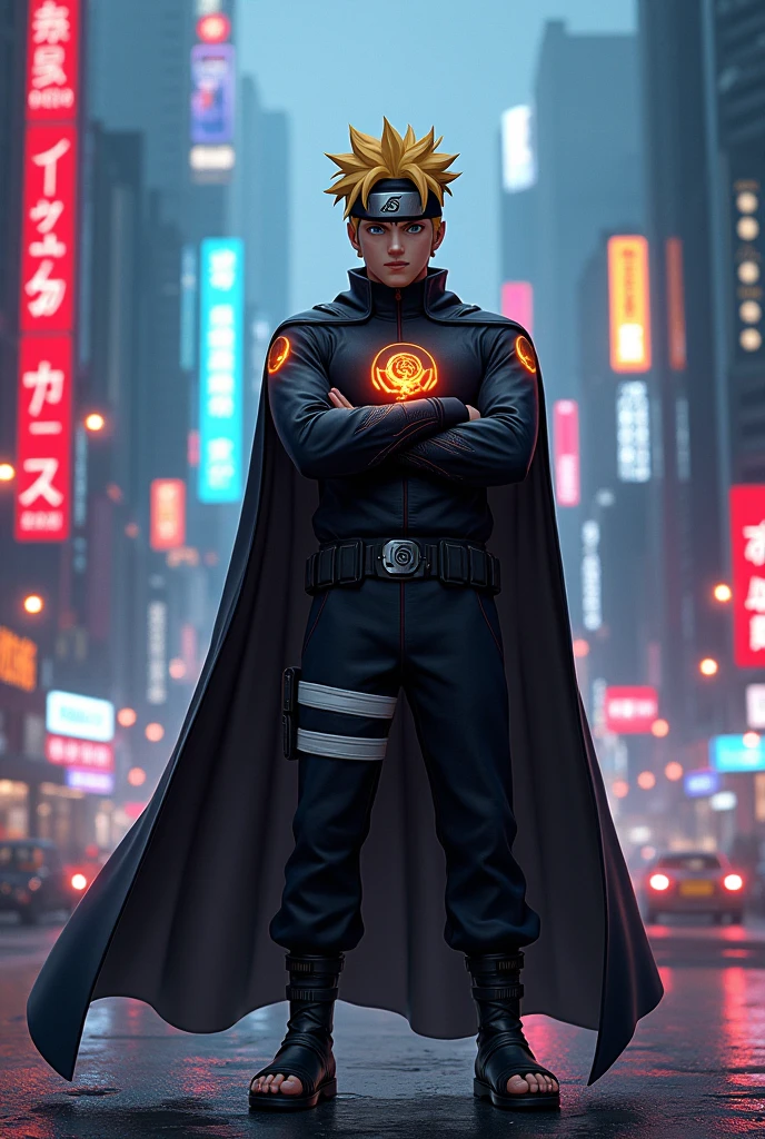 Naruto stands in a relaxed pose, Arms folded across his chest, against the backdrop of a magnificent futuristic city at night., He was adorned with colorful neon lights. He wore a black superhero cape with a golden emblem on his chest., and matching black pants and shoes.