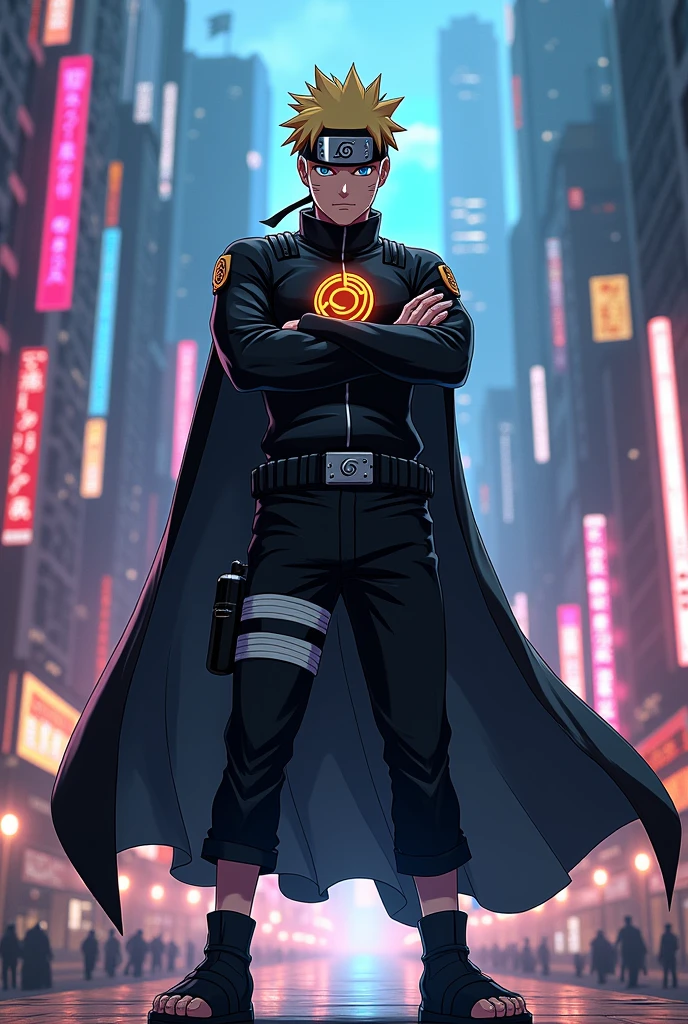 Naruto stands in a relaxed pose, Arms folded across his chest, against the backdrop of a magnificent futuristic city at night., He was adorned with colorful neon lights. He wore a black superhero cape with a golden emblem on his chest., and matching black pants and shoes.
