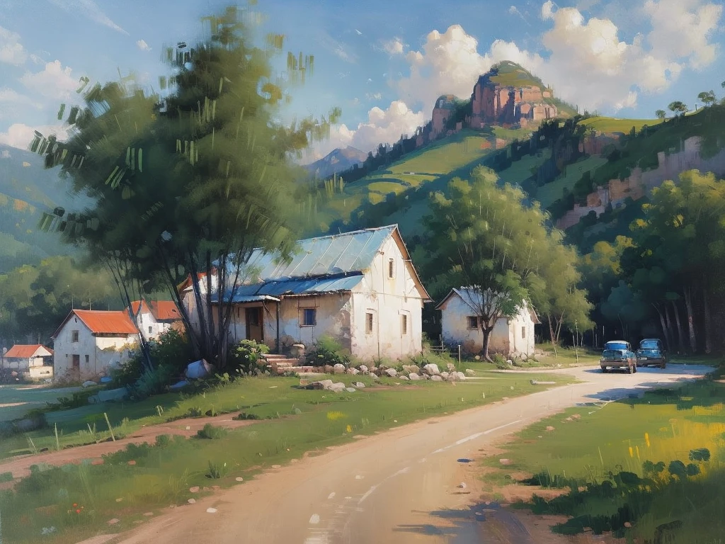 Mountain landscape impression(( Landscape of Minas Gerais))) | VILLAGE ROAD WITH CABANS Vintage oil painting