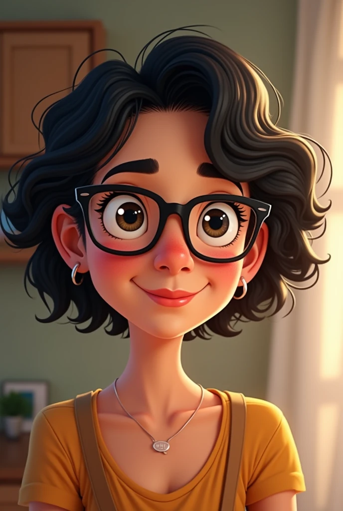 Pixar-style: Woman with short, curly black hair, She wears rectangular glasses and is Italian