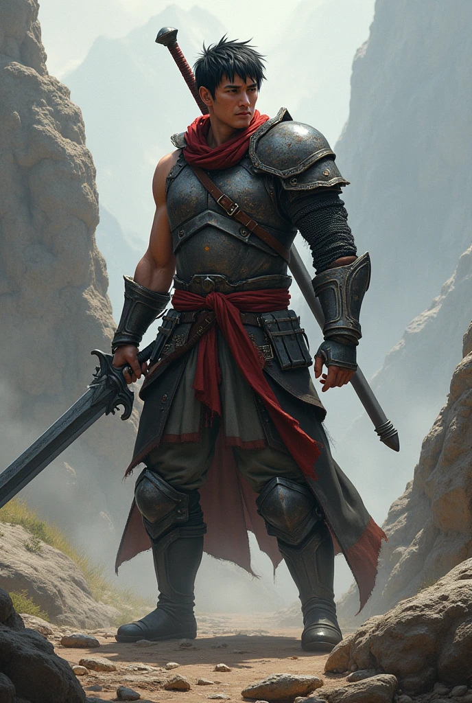 Man with short, black hair , wearing light armor,with a red headband , holding a two-handed sword .