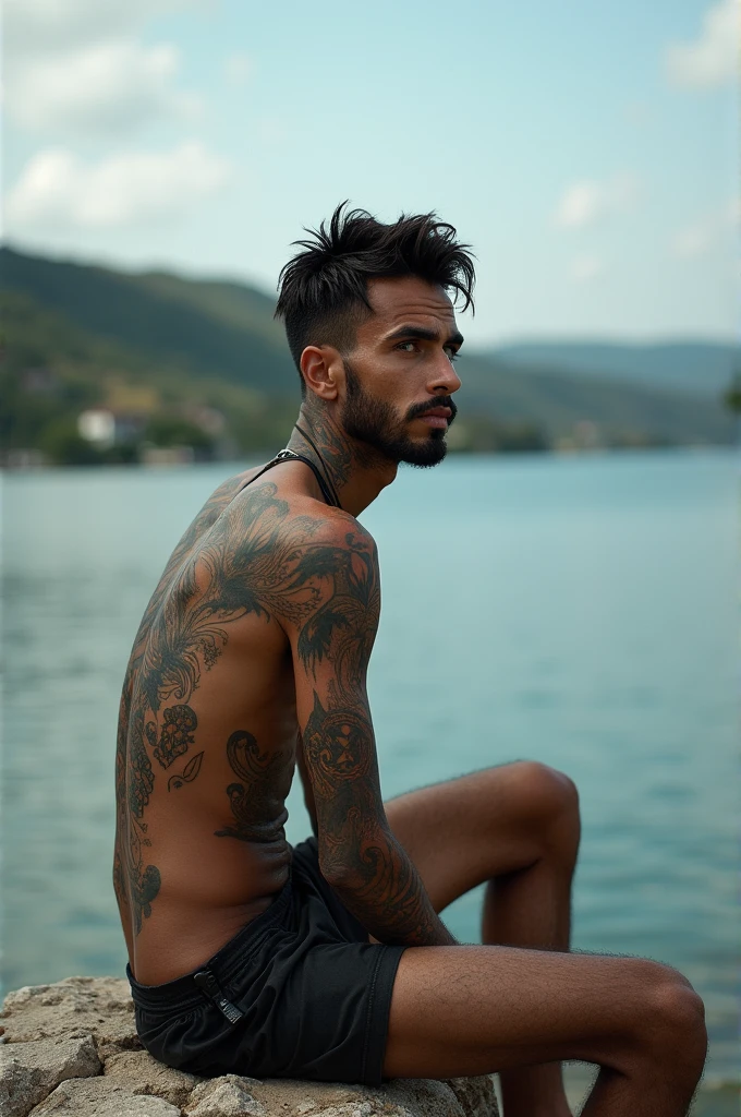 Photograph of a tall, thin man with tattoos sitting in front of Lake Chapala.
