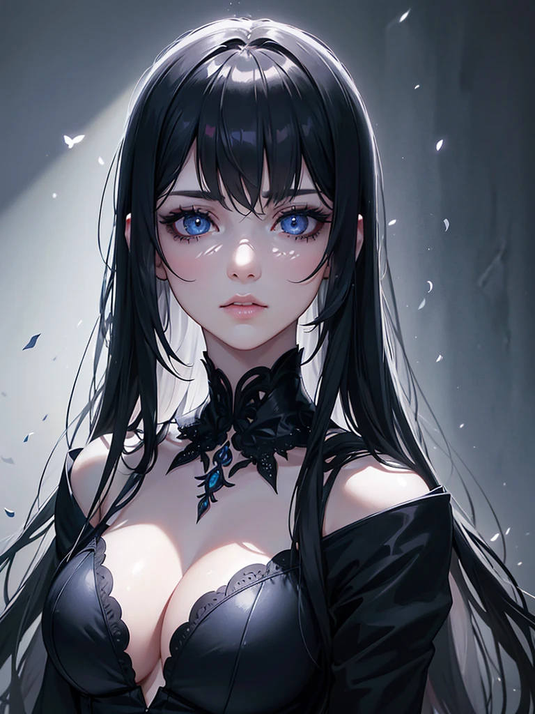 A beautiful young girl with long black hair and bangs, teary blue eyes, wearing gothic style clothing, surrounded by blue butterflies, (best quality,4k,8k,highres,masterpiece:1.2),ultra-detailed,(realistic,photorealistic,photo-realistic:1.37),intricate,elegant,melancholic,dramatic lighting,dramatic shadows,cinematic composition,highly detailed face,extremely detailed eyes and face,longeyelashes,beautiful detailed eyes,beautiful detailed lips,1girl,dark fantasy,moody,ethereal,emotive