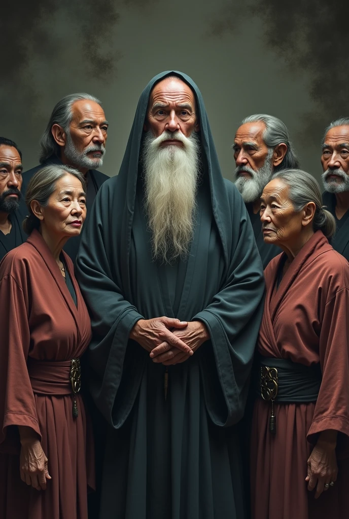 Seven wise elders, representing different ethnicities, are arranged in a harmonious semicircle. Three of these wise men are elderly women, while among men, one is black and the other is Asian. Their serene expressions reflect the cultural diversity and the profound wisdom acquired throughout their lives.. At the center, a man with a mysterious and charming appearance stands out, his long, well-groomed white beard and his face marked by wrinkles that tell stories of vast knowledge. Her clear eyes emanate an almost mystical serenity, as if they were hiding the secrets of the universe. All are dressed in simple robes, mas elegantes, that accentuate its aura of mystery and wisdom. The background is enigmatic, evoking an atmosphere of mystery and depth, suggesting a place where ancestral knowledge is carefully preserved and transmitted.
Remember that there should be seven characters
