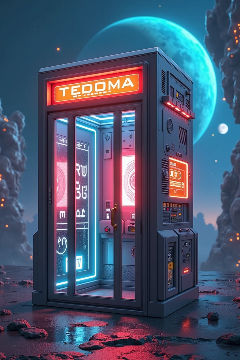 There is a phone booth with planets in the background, rendered in keyshot, location is inside, cabine cyberpunk, futuristic cabins, represented as a 3D rendering, 3D rendering beep, portal in space, police box, written TEDOMA, promotional rendering, sci-fi magic highly detailed, not beeple style, sci-fi vending machine,