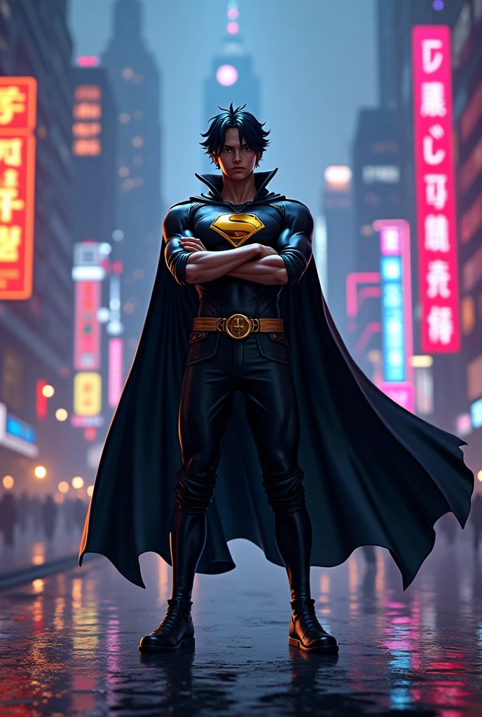 Luffy stands in a relaxed pose, arms folded across chest, with a magnificent futuristic city backdrop at night, dihiasi lampu neon berwarna-warni. He wears a black superhero cape with a gold emblem on the chest, and matching black pants and shoes."