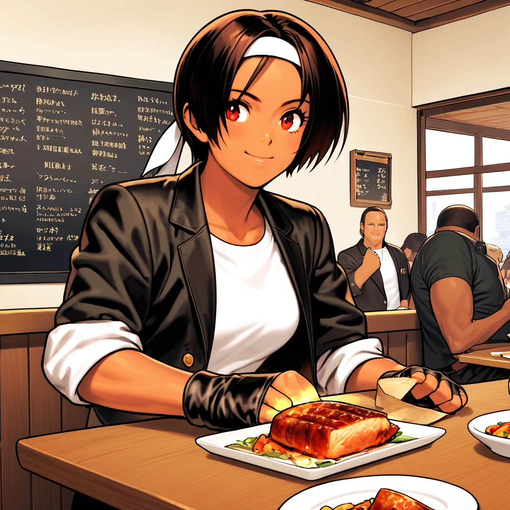 Single,Female,eating grilled fish in a restaurant,short height,dark hair,dark skin,red eyes,((black jacket with rolled up arms)),fingerless gloves,white T-shirt,(white headband),black pants,white shoes,brown belt,cute,indoor-oriented,charming,top quality,neat face,neat eyes,confident full of confidence, smiling, eating grilled fish in a restaurant, busy