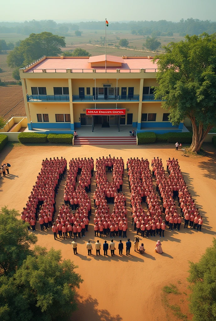 Create an aerial view 16:9 ratio landscape image of a school ground, ground is soily and have little bit grass where students are standing in an organized manner and facing to school building, forming the letters 'A S B A H' with their bodies. Few remaining students made border to letter 'A S B A H'. Students uniform colour orangish pink small box checker shirt and navy blue pant.
Teachers stand infront of the students and backing school building. 15 Male Teachers uniform creamy yellow colour shirt and black pant. 20 Female teachers in Muslim black nakab and creamy scarf.
school have two floors with creamy yellow colour walls with blue colour bottoms. School have boundary walls. School out side is farming land present.
The scene should be set during a Indian national fastival Independence Day of india celebration. A tri colour Indian flag in a poll setted on the school building.
The background should include a school building with a visible sign reading in red colour 'ASBAH ENGLISH SCHOOL,' a mini garden, and a large tree. The atmosphere should feel vibrant and festive, reflecting the spirit of the celebration."