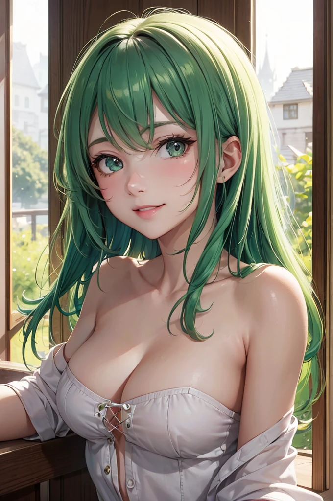 Best Quality,High resolution,8k,finelity detailed background,Masterpiece:1.2),beautiful girl,Shiny green hair,messy hair,Green Eyes,Gentle look,A refreshing look,smile,Best quality,Best Quality,Aesthetic and aesthetic:1.2,Best details((Super detailed))(High-definition CG illustrations),summer uniform,Slender body,Inside the room,smile,blush,cute,Scrounge,Looking up,Being spoiled,super model