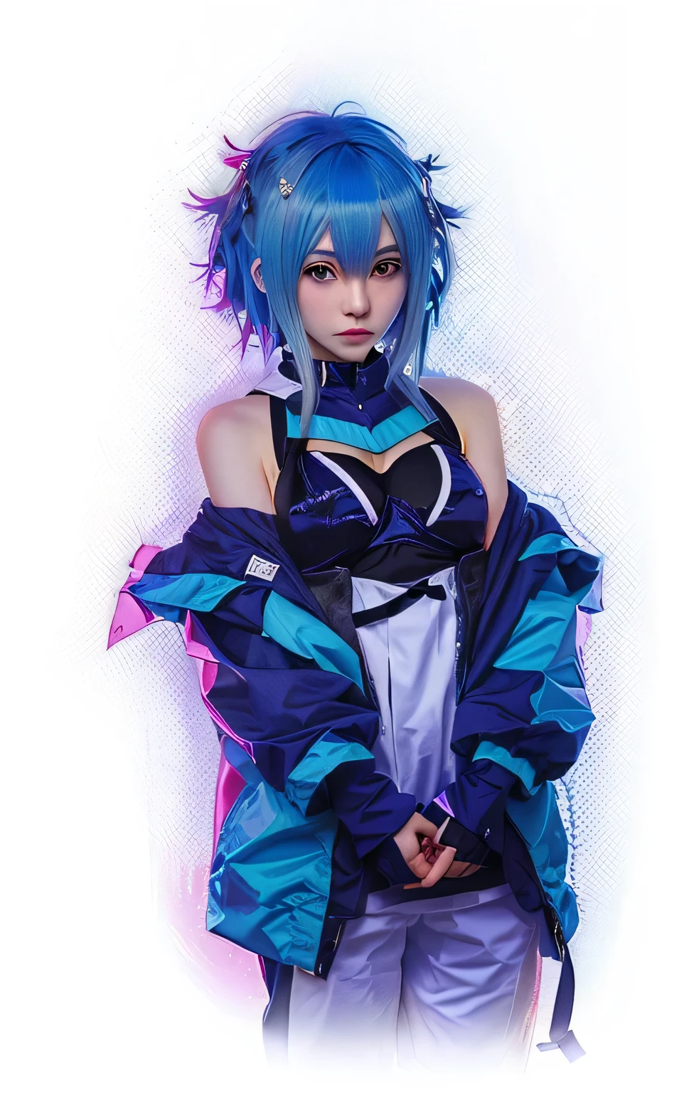 white girl, blue hair anime style, on his shoulders he wears a white suit