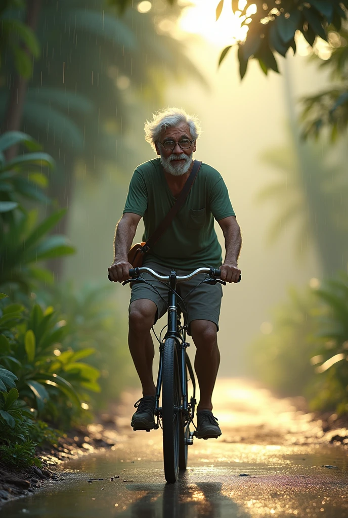 ( photo realism 1.2) photo realistic high detailed old malay male riding bicycle old Malay rubber plantation estate shoulder bag white hair and goatee morning dusk sunlight effect smoke effect 80's photo filter morning mode short trousers messy hair cinematic view dramatic view slippery wet road after rain fog effect smile face wearing glass