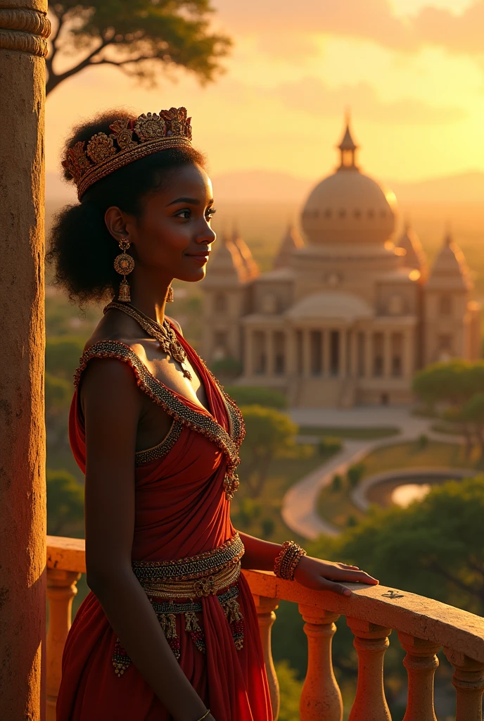 A serene African village nestled in a lush savannah during the golden hour. In the center, a majestic palace rises, with a beautiful young princess standing on a balcony. She is adorned in traditional royal attire with intricate beadwork and a radiant smile. The scene is peaceful, with villagers happily going about their day in the background."