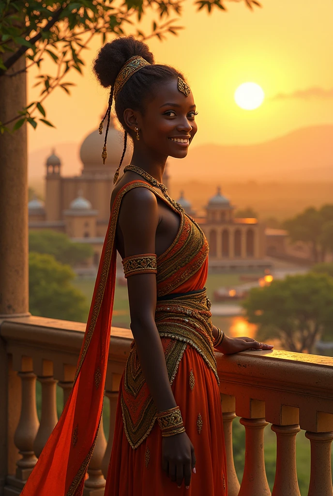 A serene African village nestled in a lush savannah during the golden hour. In the center, a majestic palace rises, with a beautiful young princess standing on a balcony. She is adorned in traditional royal attire with intricate beadwork and a radiant smile. The scene is peaceful, with villagers happily going about their day in the background."