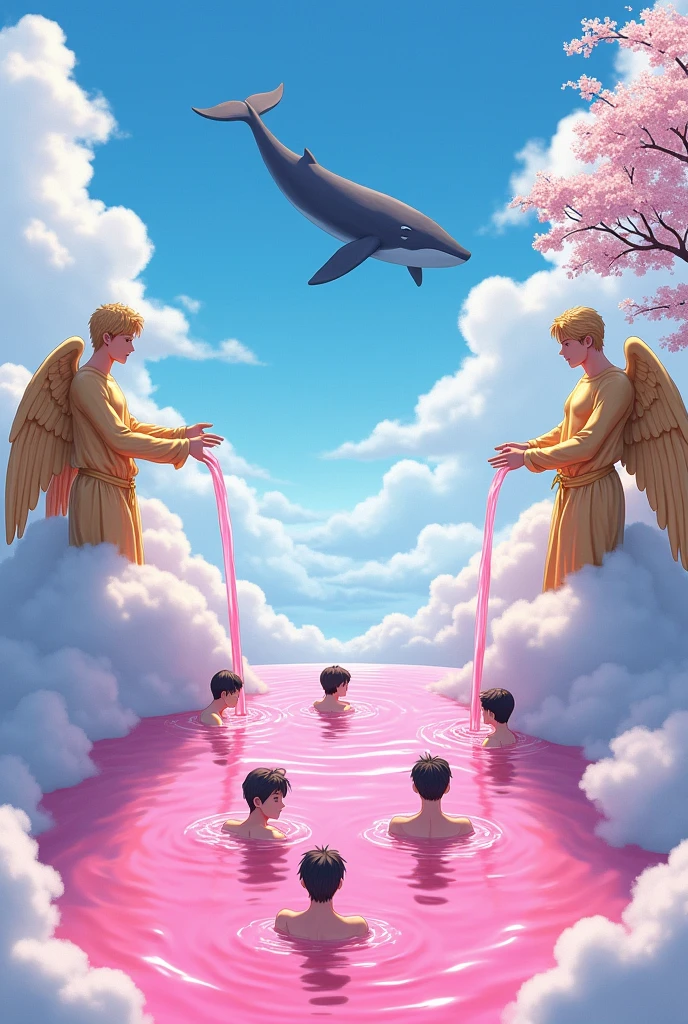 This image has to be anime, Crystal clear water six male teenagers bathing in it. This lake of Crystal Clear pink water is on a cloud and on each side there is a statue of a Golden male angel holding a jar and they are pouring the Crystal Clear pink water into the lake. In the background you can see several other clouds and a beautiful sky and in this cloud which is this bright pink lake there is a cherry tree with white flowers and a whale flying in the background