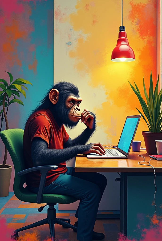 ape with laptop art in office with colorful background be artistic for a paint art

