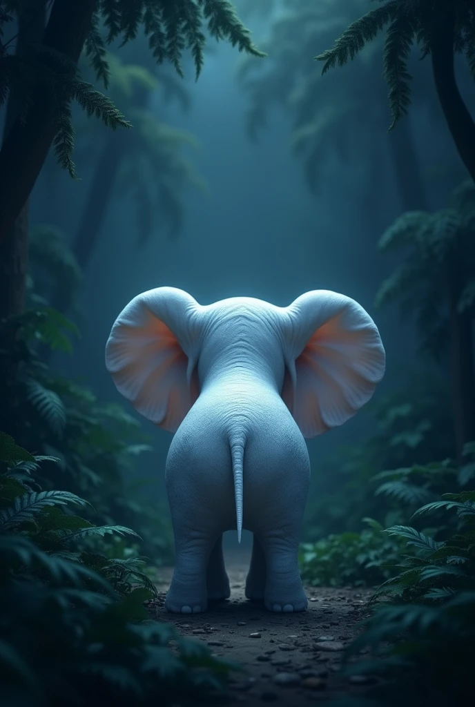 Follow in dark night jungle with cute white elephant back side frame