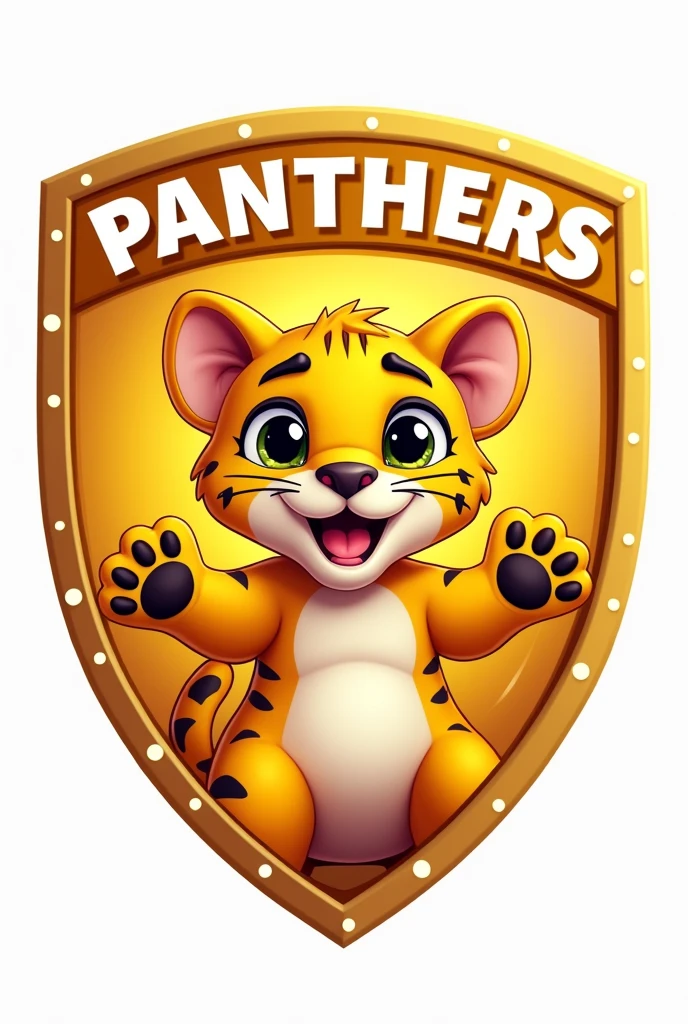 Create a shield featuring a cute animatedyellow panther, suitable for children, with a golden shield background and the title
G5 PANTHERS.